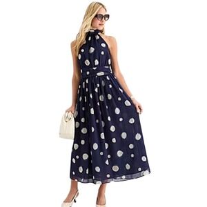 JCPenney Navy Polar Dot Halter Neck Maxi Dress Women's Size 8 NWT New Retail $90
